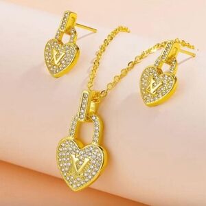 Gold Heart Pendant and Earrings Set